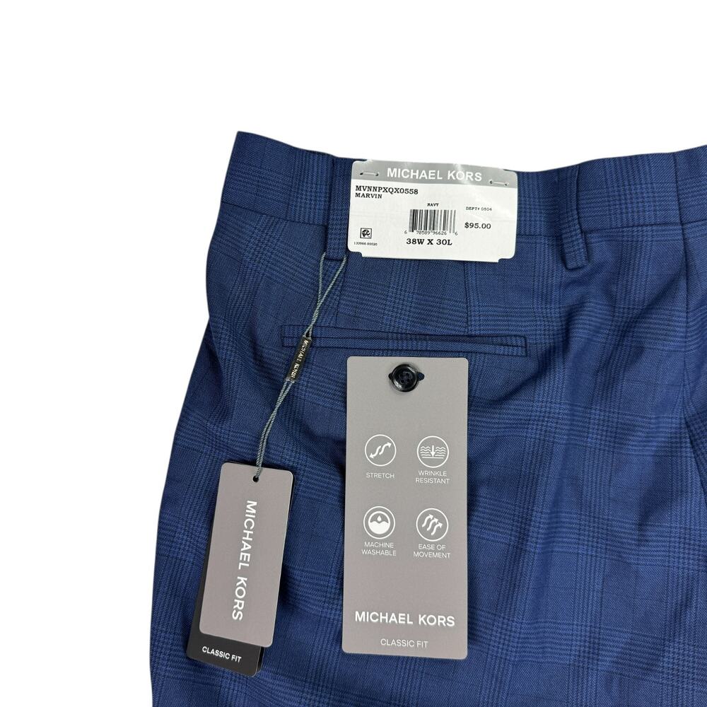 Michael Kors Mens Marvin Classic Fit Plaid Stretch Dress Pants Navy Blue 38x30 - Picture 4 of 7